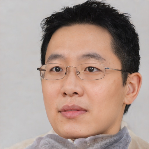 Neutral asian young-adult male with short  black hair and brown eyes