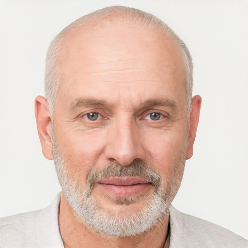 Joyful white middle-aged male with short  gray hair and brown eyes