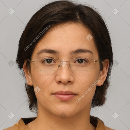 Joyful white adult female with medium  brown hair and brown eyes