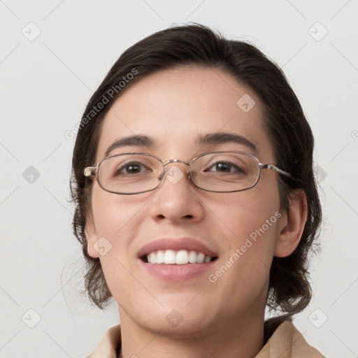 Joyful white young-adult female with medium  brown hair and grey eyes