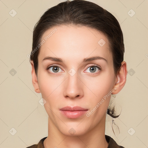 Neutral white young-adult female with short  brown hair and brown eyes