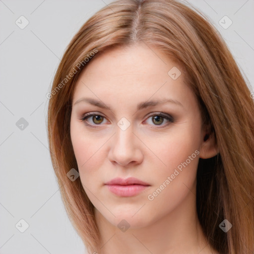 Neutral white young-adult female with long  brown hair and brown eyes