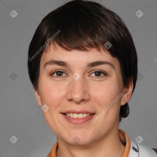 Joyful white young-adult female with short  brown hair and brown eyes