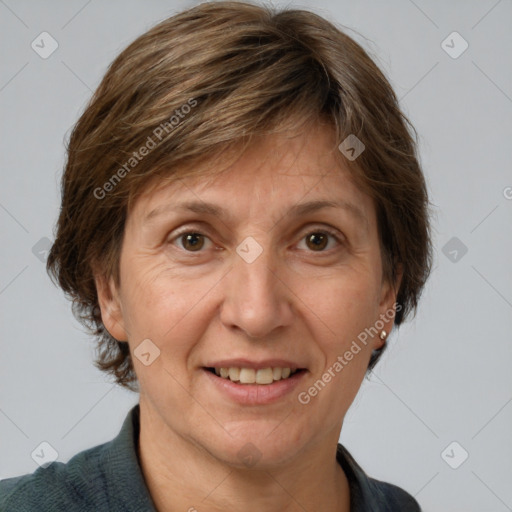 Joyful white adult female with medium  brown hair and grey eyes