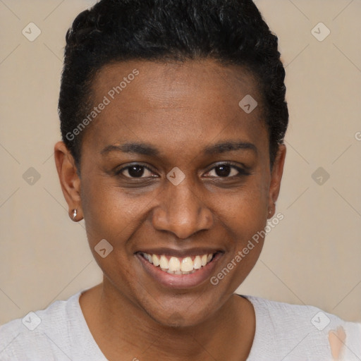 Joyful black young-adult female with short  brown hair and brown eyes