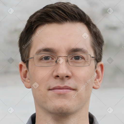 Joyful white adult male with short  brown hair and grey eyes