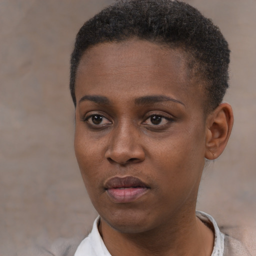Joyful black young-adult female with short  black hair and brown eyes