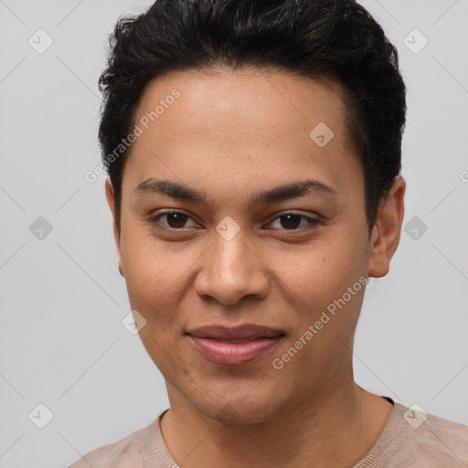 Joyful latino young-adult female with short  brown hair and brown eyes