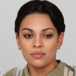 Neutral asian young-adult female with short  black hair and brown eyes