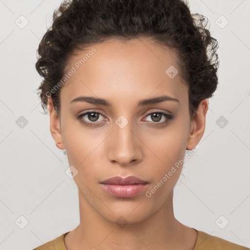 Neutral white young-adult female with short  brown hair and brown eyes