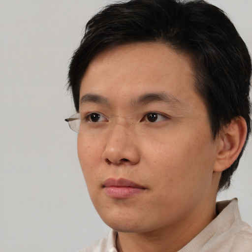 Neutral asian young-adult male with short  brown hair and brown eyes