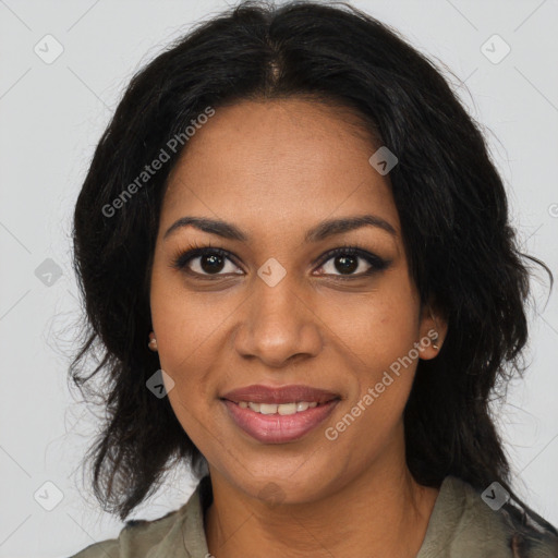 Joyful black young-adult female with long  brown hair and brown eyes