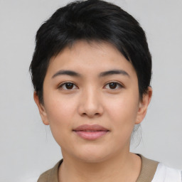 Joyful asian young-adult female with short  black hair and brown eyes