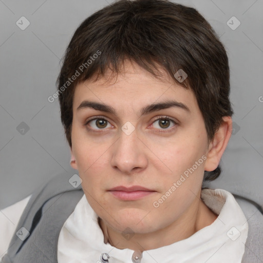 Neutral white young-adult female with short  brown hair and brown eyes