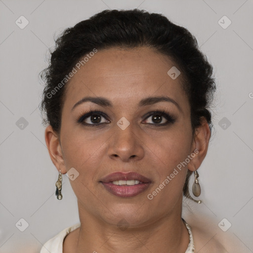 Joyful latino young-adult female with short  brown hair and brown eyes