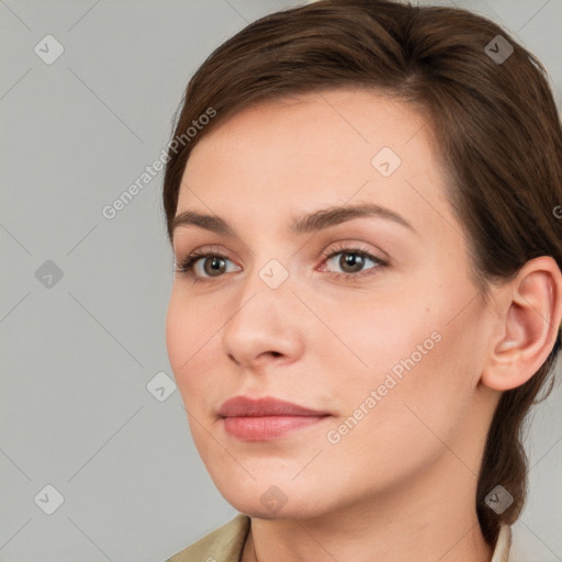 Neutral white young-adult female with medium  brown hair and grey eyes