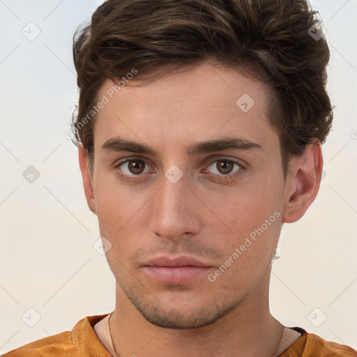 Neutral white young-adult male with short  brown hair and brown eyes