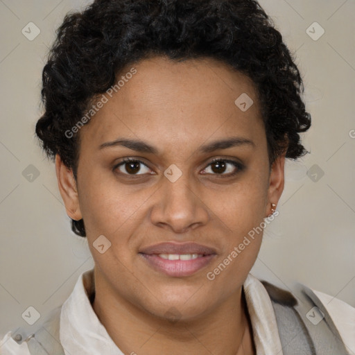Joyful latino young-adult female with short  brown hair and brown eyes