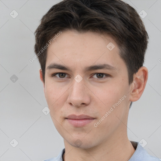 Neutral white young-adult male with short  brown hair and brown eyes