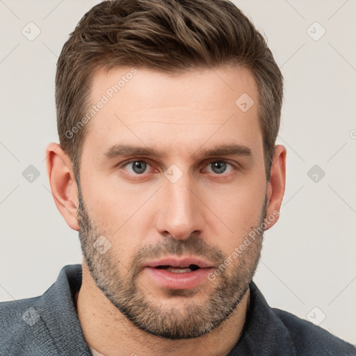 Neutral white young-adult male with short  brown hair and brown eyes