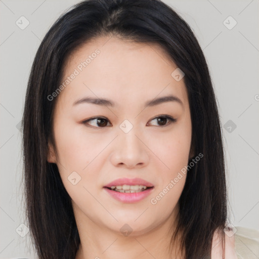 Joyful asian young-adult female with long  brown hair and brown eyes