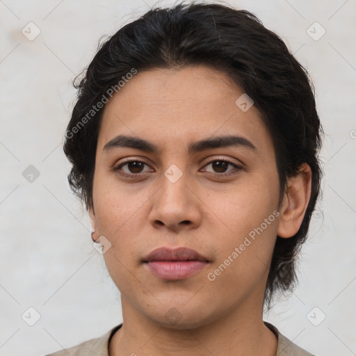 Neutral white young-adult female with medium  brown hair and brown eyes