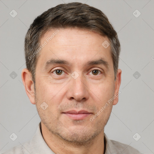 Neutral white adult male with short  brown hair and brown eyes