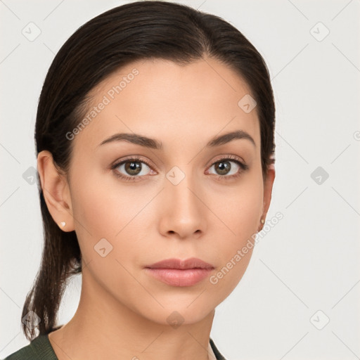 Neutral white young-adult female with medium  brown hair and brown eyes