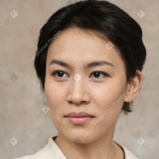 Neutral asian young-adult female with short  brown hair and brown eyes