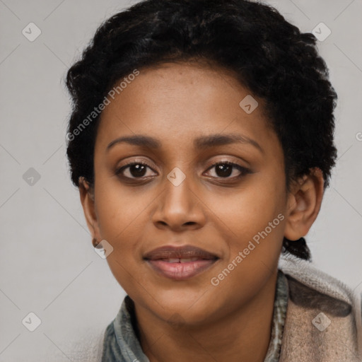 Joyful latino young-adult female with short  black hair and brown eyes