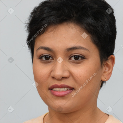 Joyful latino young-adult female with short  brown hair and brown eyes