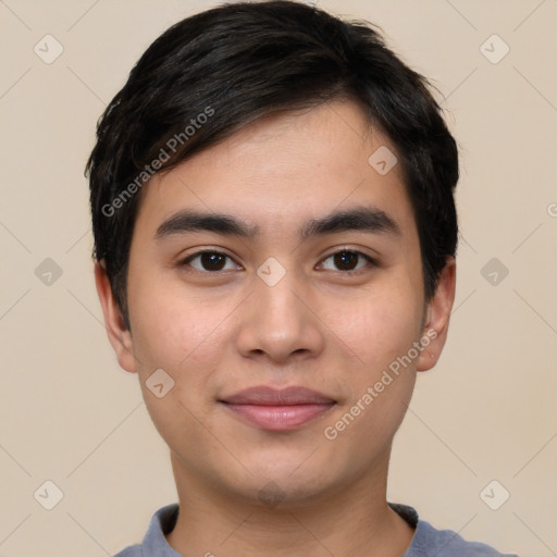 Joyful asian young-adult male with short  black hair and brown eyes