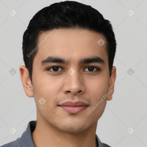 Neutral asian young-adult male with short  black hair and brown eyes