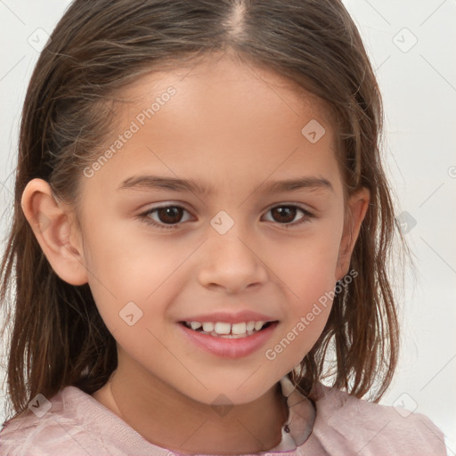 Joyful white child female with medium  brown hair and brown eyes