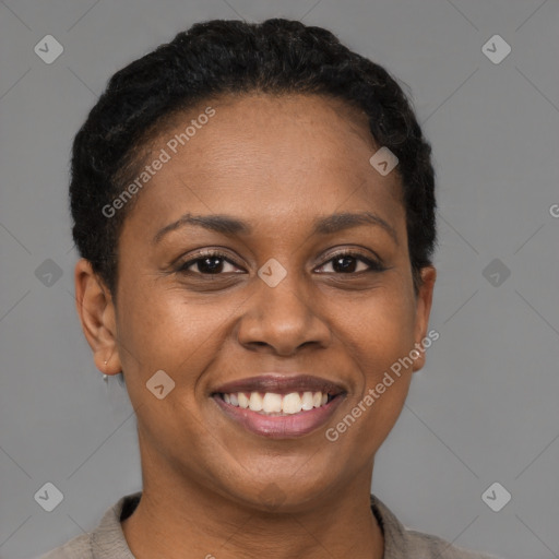 Joyful black adult female with short  brown hair and brown eyes