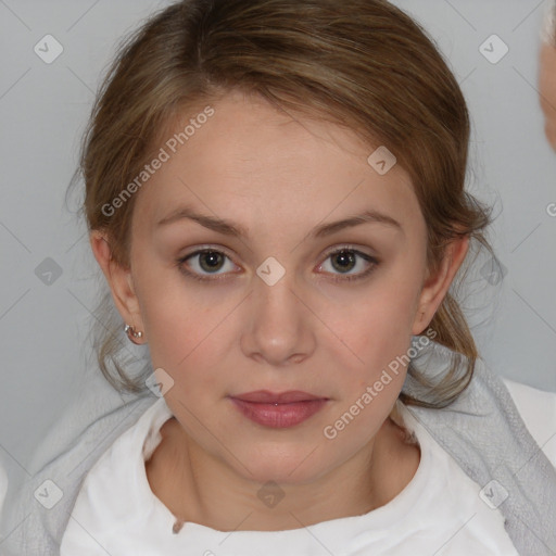 Neutral white young-adult female with medium  brown hair and brown eyes