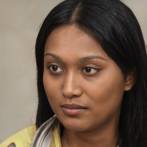 Neutral asian young-adult female with long  black hair and brown eyes