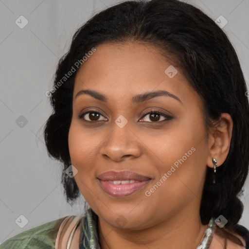 Joyful black young-adult female with medium  brown hair and brown eyes