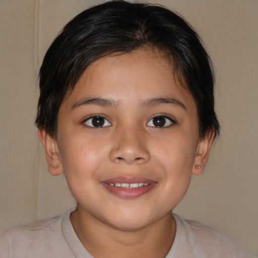 Joyful white child female with medium  brown hair and brown eyes