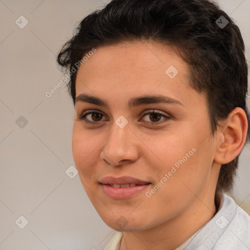 Joyful white young-adult female with short  brown hair and brown eyes