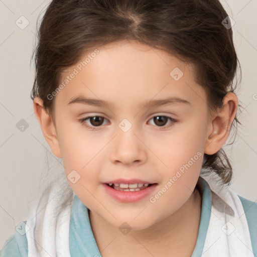 Joyful white child female with medium  brown hair and brown eyes