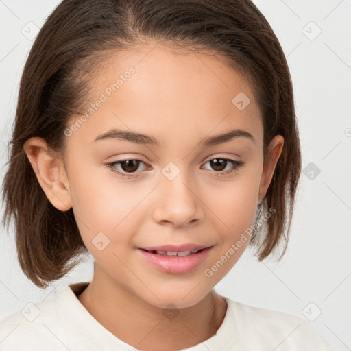 Joyful white child female with medium  brown hair and brown eyes