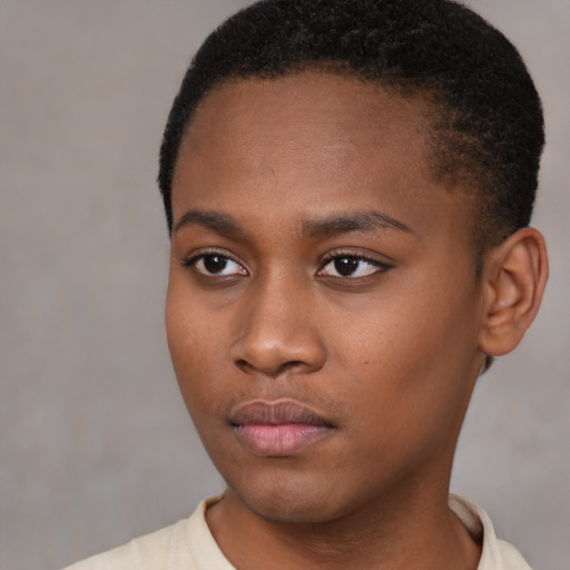 Neutral black young-adult female with short  brown hair and brown eyes