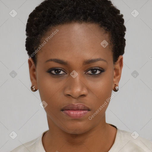 Neutral black young-adult female with short  black hair and brown eyes