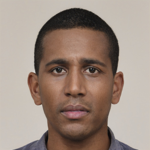 Neutral black young-adult male with short  black hair and brown eyes