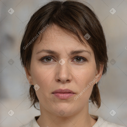 Neutral white young-adult female with medium  brown hair and brown eyes