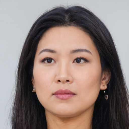 Neutral asian young-adult female with long  black hair and brown eyes
