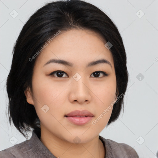 Neutral asian young-adult female with medium  black hair and brown eyes