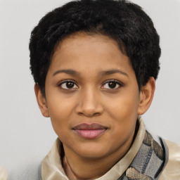 Joyful black young-adult female with short  brown hair and brown eyes