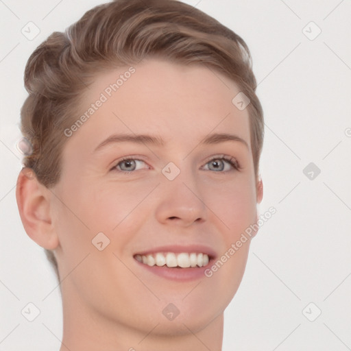 Joyful white young-adult female with short  brown hair and grey eyes